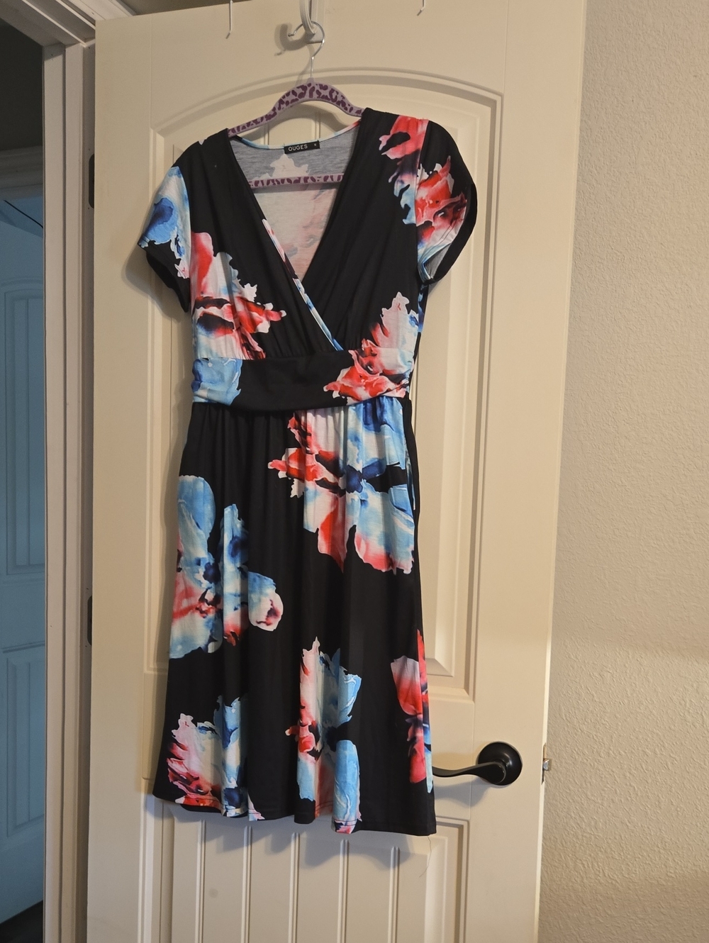 Faux-Wrap Floral Midi Dress - Black with Blue & Coral Floral